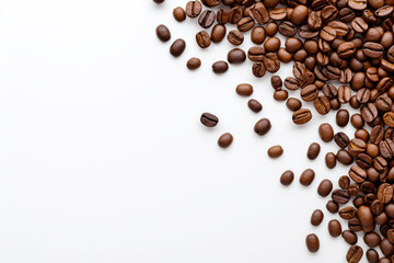 roasted coffee beans on white background, top view