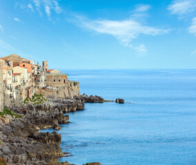 Fototapeta na wymiar Cefalu old beautiful town coastal view, Palermo region, Sicily, Italy.