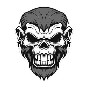 Grinning Skull with beard and hair vector illustration isolated on white background. Monochrome tattoo style