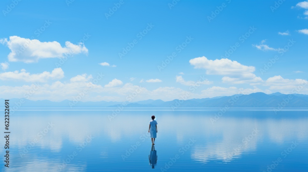 Sticker a person standing in the middle of a body of water. generative ai image.