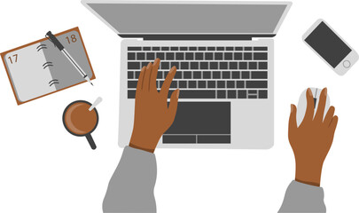 Top view office desk with laptop workspace equipment and black person hands drawing on transparent background vector