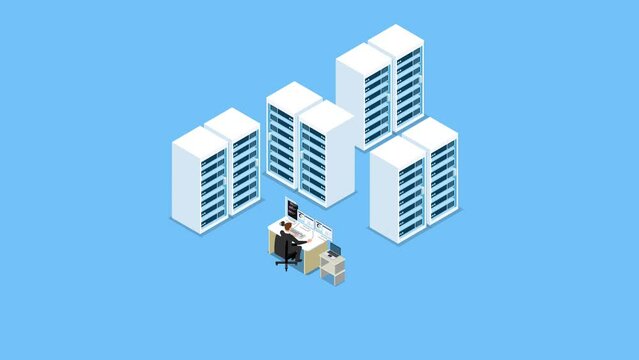 System administrator working in a computer server room