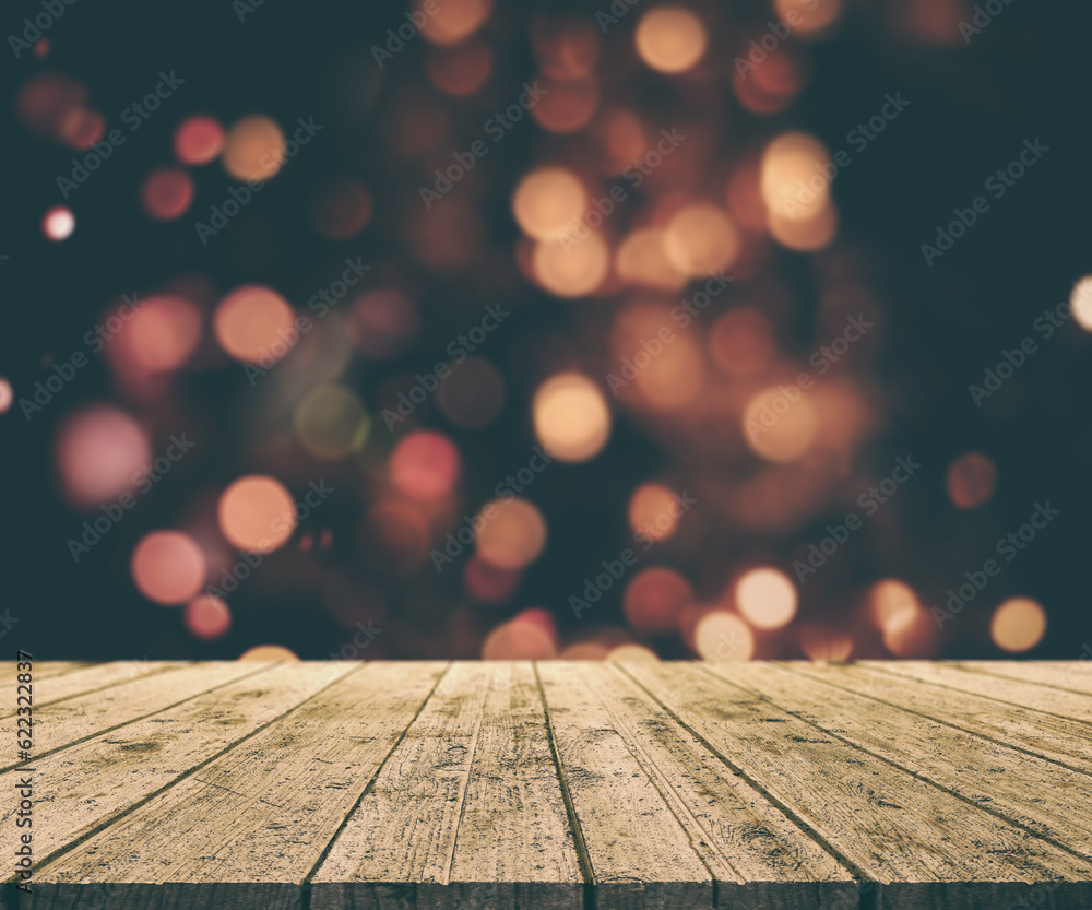 Poster 3d render of a christmas background with old wooden table against bokeh lights background