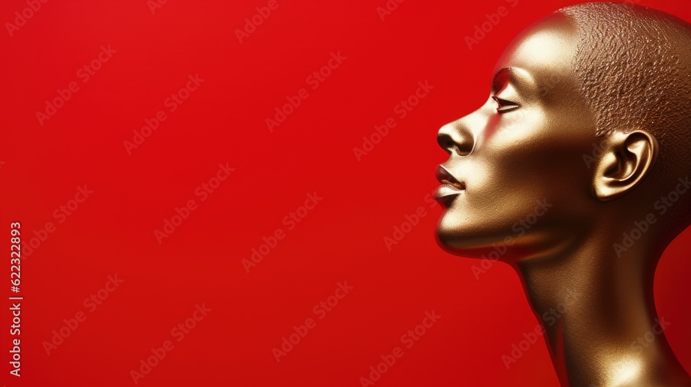 Wall mural A close up of a woman's head with a red background. Generative AI image.