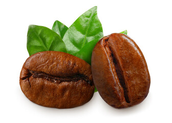 Fresh roasted coffee beans and leaves on white background