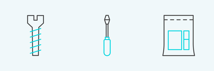 Set line Cement bag, Metallic screw and Screwdriver icon. Vector