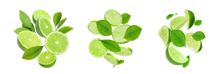 Fresh lime fruits and green leaves falling on white background, collage design