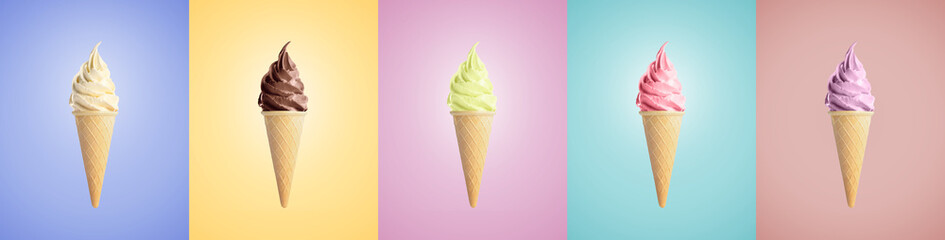 Ice cream in different flavors on pastel color backgrounds. Soft serve