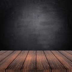 3D render of a wooden table against a chalkboard background