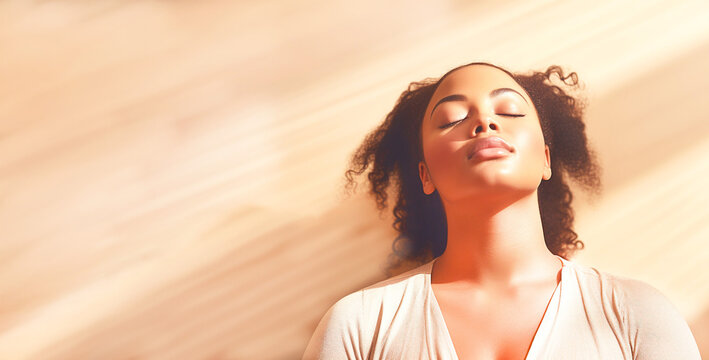 Healthy African American woman plus size meditating with eyes closed on beige background, relaxing body and mind. Body positivity, overweight. Generative Ai content