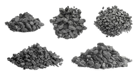 Collage with different piles of coal on white background