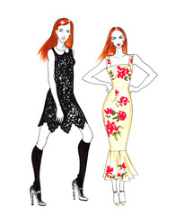 Obraz na płótnie Canvas Fashion Sketch of Two Beautiful Redhead Girls. Hand Drawn Modern Stylish Woman Concept in Red and Black Colors.