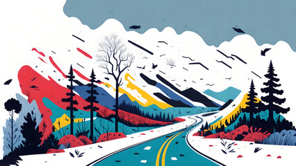 white background, multicolor, scenery, ink, toll road, raod trip, cartoon style