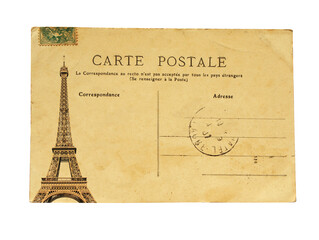 Vintage french post card with famous Eiffel tower in Paris. Isolated on white background