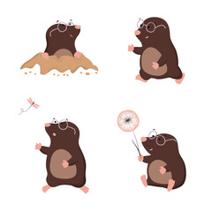 Cute cartoon moles set. Vector illustration for kids