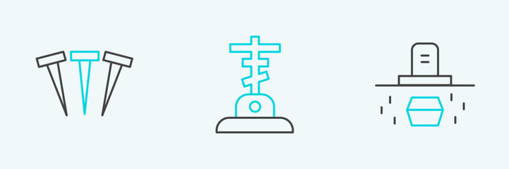 Set line Grave with coffin, Metallic nails and cross icon. Vector