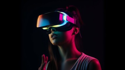 Virtual reality 3d augmented experience exited digital generate person wear vr glasses goggle headset hand gesture touch 3d object in virtual world fun cheerful and remarkable,generative ai