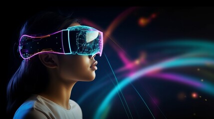 Virtual reality 3d augmented experience exited digital generate person wear vr glasses goggle headset hand gesture touch 3d object in virtual world fun cheerful and remarkable,generative ai