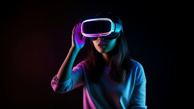 Augmented reality virtual wearable vr glasses goggle technology future concept people female wear simulator headset 3d interactive innovation cyber,generative ai