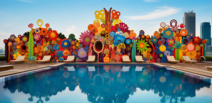 An urban swimming pool with a colorful modern art facade. A place to visit on a summer vacation 