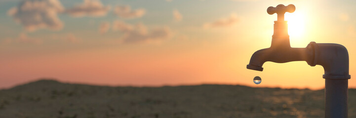 Dripping outside tap in summer showing a conceptual water ban or shortage 3d render