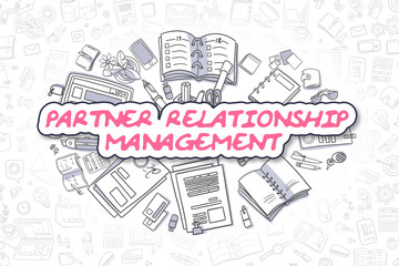 Doodle Illustration of Partner Relationship Management, Surrounded by Stationery. Business Concept for Web Banners, Printed Materials.