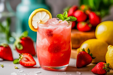 Erfrischende Erdbeerlimonade mit Zitrone und Eis im Glas, Generative AI