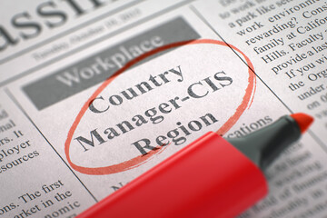 A Newspaper Column in the Classifieds with the Small Ads of Job Search of Country Manager-CIS Region, Circled with a Red Highlighter. Blurred Image with Selective focus. Concept of Recruitment. 3D.