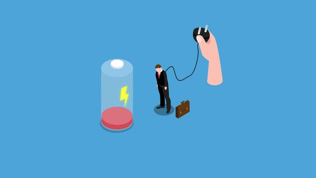 Hand put plug into socket to recharge Tired and Exhausted Business Man