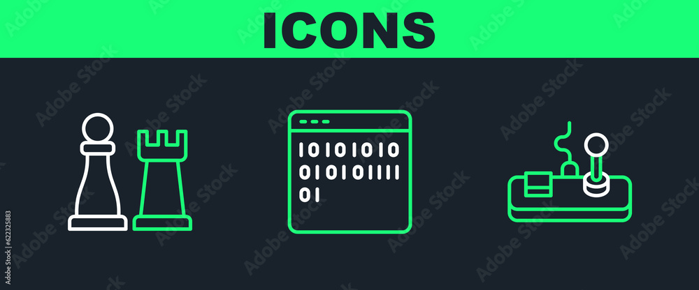 Poster set line gamepad, chess and binary code icon. vector