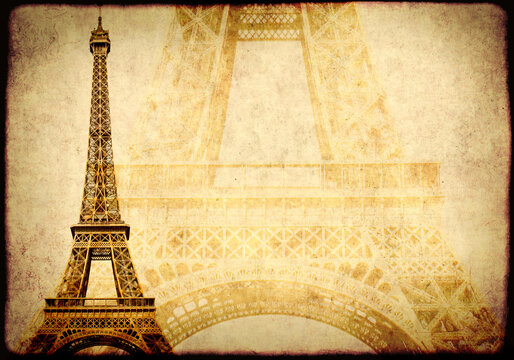 Grunge background with paper texture and landmark of Paris - Eiffel tower