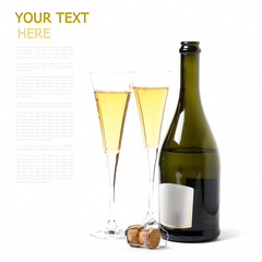 A bottle of wine on a white background with two glasses of