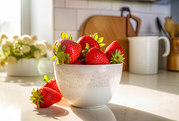 Erdbeeren in einer weißen Schale stehen in der Küche, Generative AI
