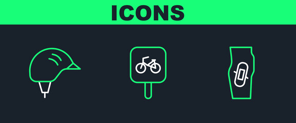 Set line Plaster on leg, Bicycle helmet and parking icon. Vector