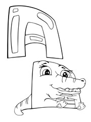 coloring page letter A with alligator alphabet page for children outline stroke doodle sketch learning isolated on blue background vector