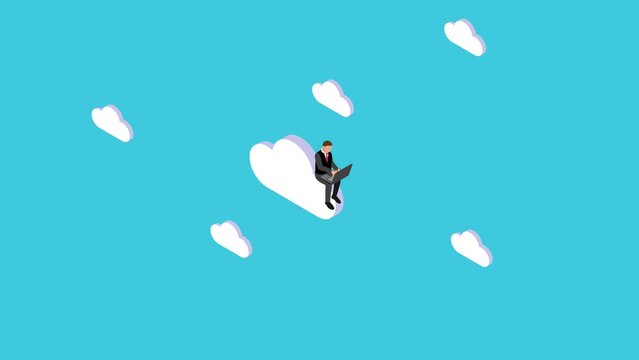businessman sitting on cloud and working on laptop