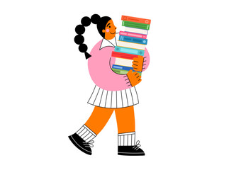 Reading books. Girl holding stack of books. Student prepares for classes or exams. Education, library, literature concept.