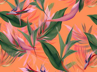 flower tropical colorful leaf trendy orange seamless pink pattern jungle. Generative AI.