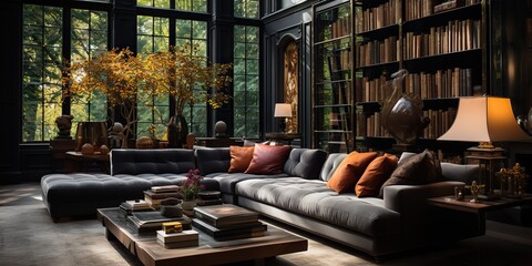 AI Generated. AI Generative. Vintage modern classic luxury elegant living room interior design decoration architecture. Graphic Art