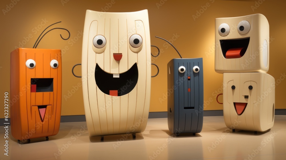 Aufkleber a group of three refrigerators with faces painted on them. generative ai image.