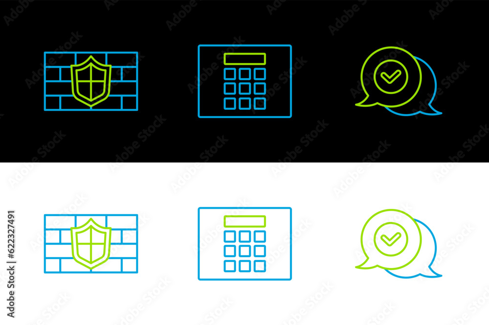 Poster set line check mark in speech bubble, shield with brick wall and password protection icon. vector