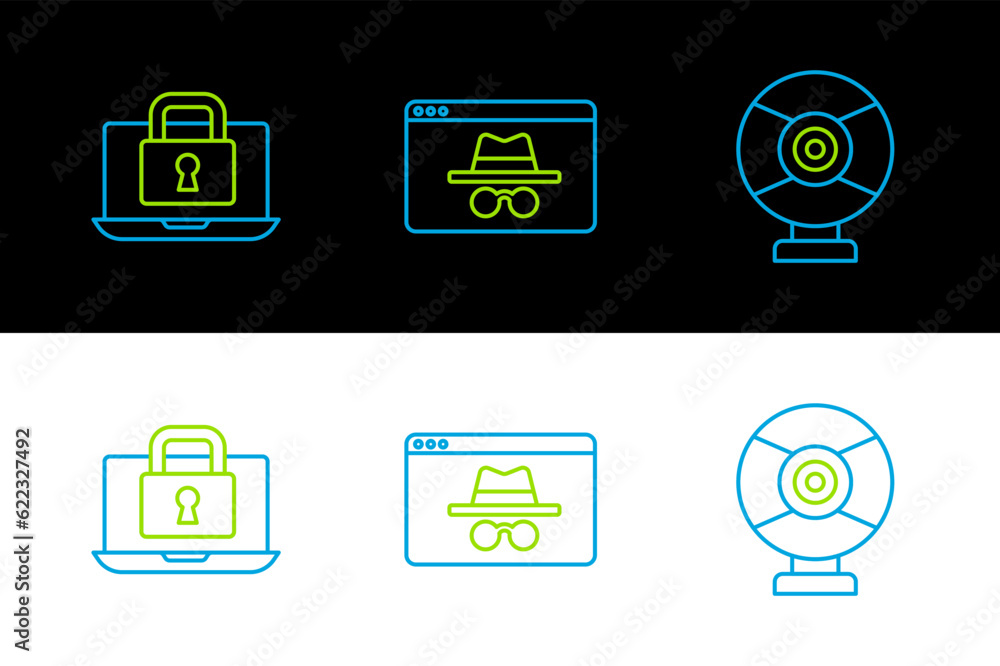 Poster set line security camera, laptop and lock and browser incognito window icon. vector