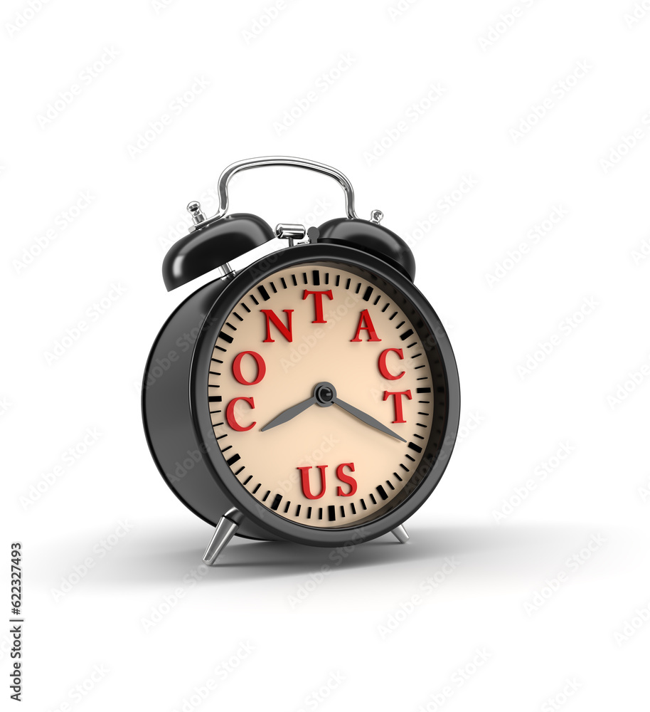 Poster alarm clock with contact us words and clipping path.
