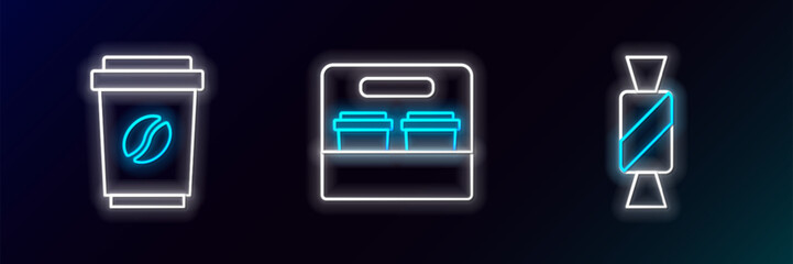 Set line Candy, Coffee cup to go and icon. Glowing neon. Vector