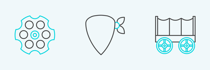 Set line Wild west covered wagon, Revolver cylinder and Cowboy bandana icon. Vector