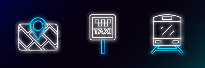 Set line Train, Gps device with map and Road sign for taxi stand icon. Glowing neon. Vector