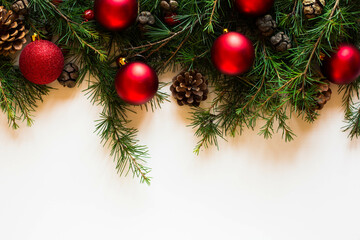 Merry Christmas Frame with real wood green pine, colorful baubles, gift boxe and other seasonal...