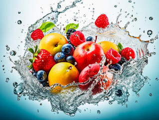 Fototapeta na wymiar Verschiedene frische Früchte fallen in spritzendes Wasser, Generative AI
