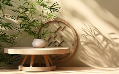 Contemporary minimal teak wooden table podium, with a green bamboo and Chinese pattern, excellent 3D display for Asian luxury, organic, beauty, and cosmetic products.