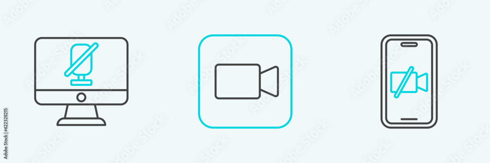 Poster set line video camera off on mobile, mute microphone computer and camera icon. vector